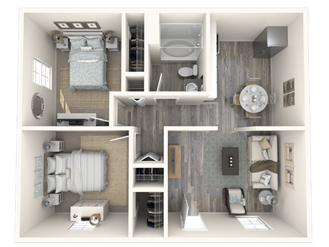 Floor plan for 2 beds, 1 bath, 633 sqft